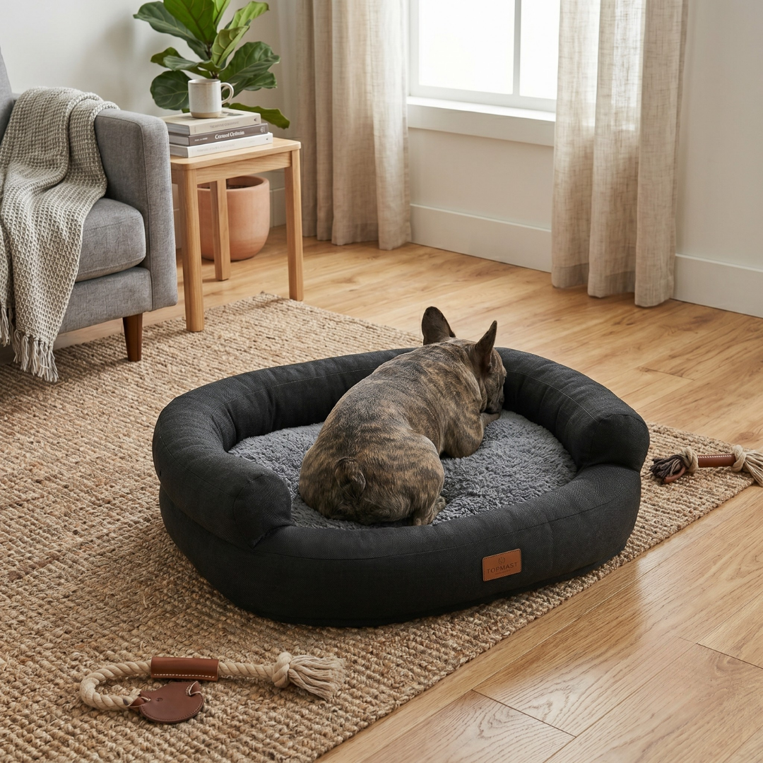 Hond ligt geborgen en relaxed opgerold in de ronde orthopedische hondenmand tegen gewrichtsklachten