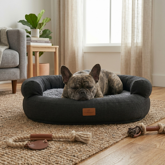 Hond ligt geborgen en relaxed opgerold in de ronde orthopedische hondenmand tegen gewrichtsklachtenv2
