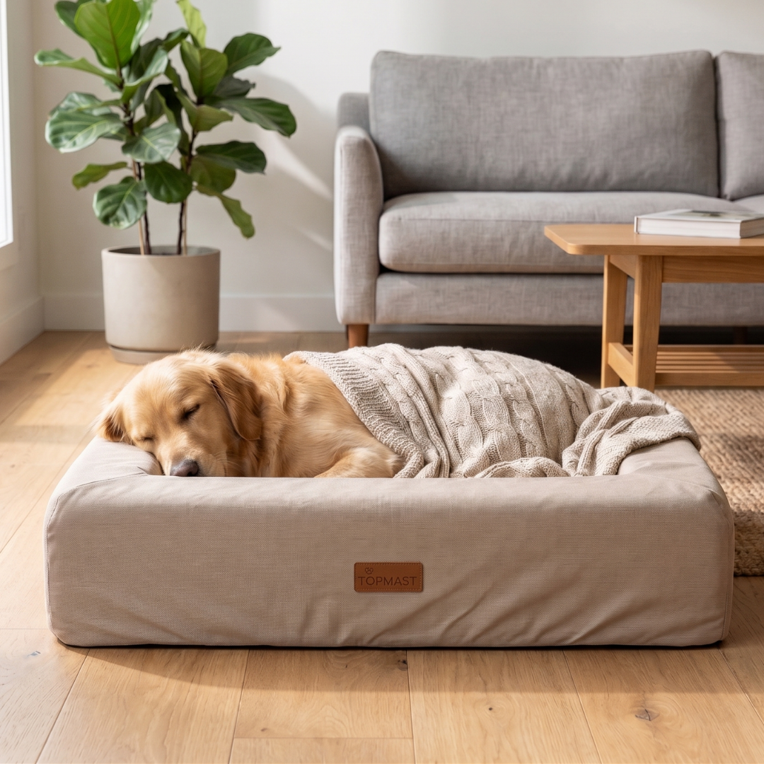 Hond rust met de kop op de ergonomische opstaande rand van de luxe Nola orthopedische hondenmand voor gewrichtsondersteuning