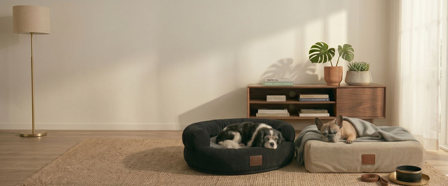 Twee honden slapen comfortabel op premium orthopedische hondenmanden in een luxe woonkamer