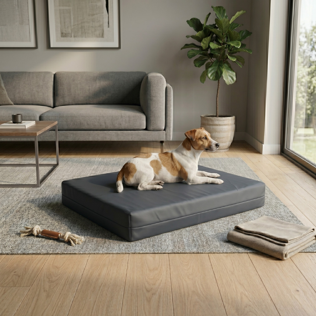 Luxe orthopedisch hondenkussen van leerlook voor medium honden met artrose of gewrichtsklachten