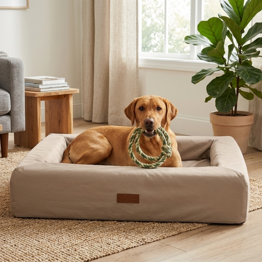 Topmast Nola premium orthopedische hondenbank lounge sofa in beige met een comfortabel liggende hond