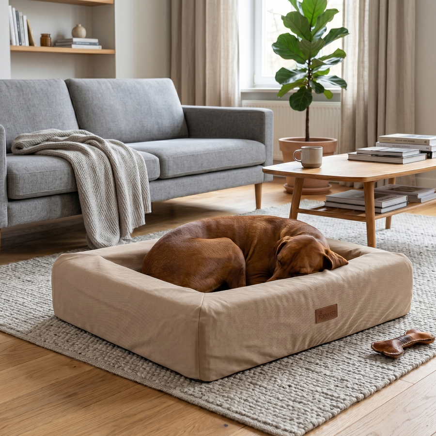 Hond slaapt diep op Nola hondenbank