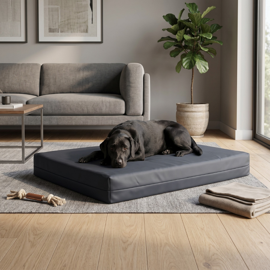 Hond ligt ontspannen op premium Topmast hondenbed leatherlook antraciet